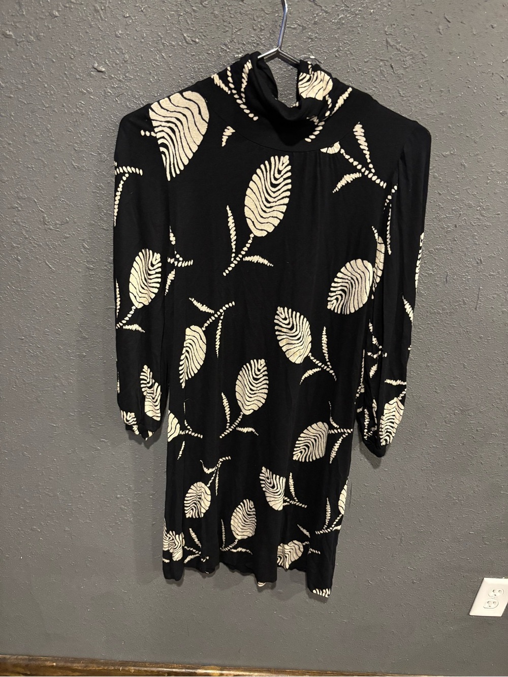 Envi Black and Cream Leaf-Print Turtleneck Dress